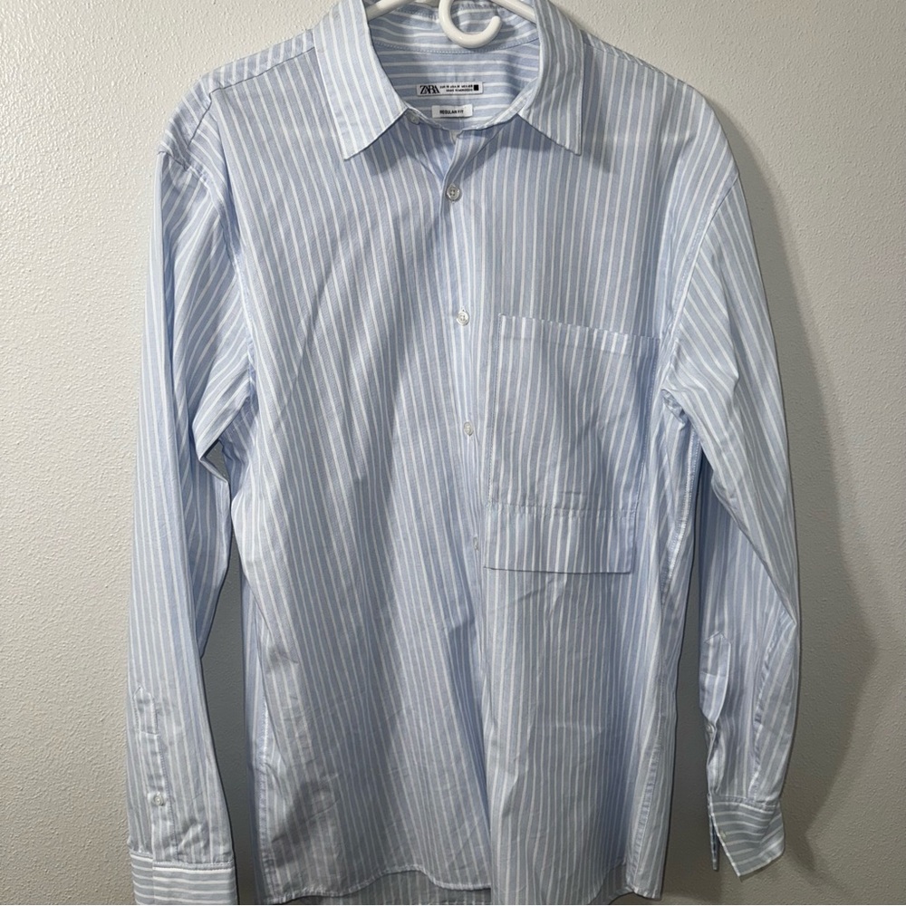 Zara Men's Blue Striped Shirt